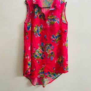 Women High Low Pink Floral Shirt Top