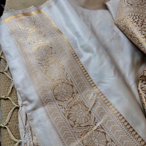 Cream Banarsi Silk Saree For Party Wear