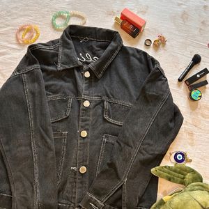 90s Oversized Black Denim Jacket With Cross Stitch