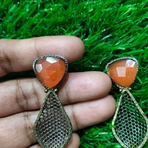 Oxydized Earrings With Orange Stone