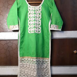 Bright Green Embroidered Kurta With Heavy Lace.