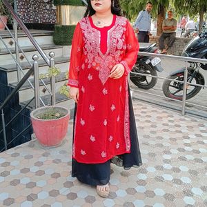 Red Mirror Work Chikankari Kurti