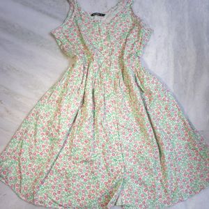 Floral Pink And Green Cottagecore Dress