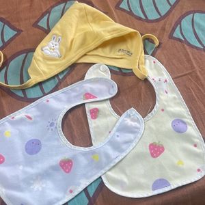 Combo Of Winter Cap And 2 Set Baby Bibs