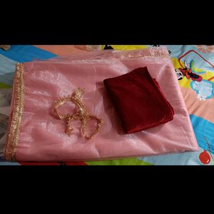 New Peach Nylon Saree With Velvet Blouse Piece