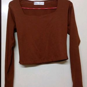 Brown Full Sleeve Crop Top