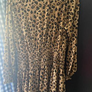 Beige & Black Animal Print Wrap Dress