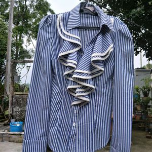 Clasi Blue Vertical Stripes Layers Ruffle To