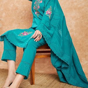 Blue Woven Thread Work Pure Cotton Kurta Set