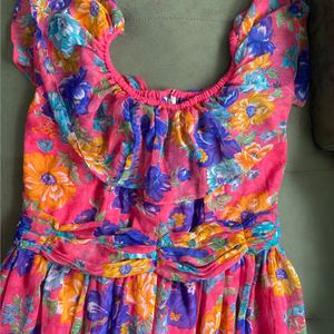 Pink Dress With Multi Color Flower Prints.