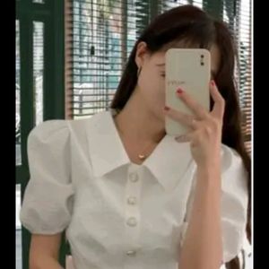 New Stylish Korean Puff Sleeve Cream Crop Top