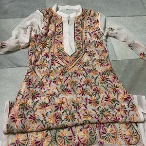 White Long Lucknowi Kurti With Duppatta