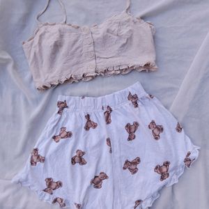 Cropped Tan Blouse And Teddy Bear Shorts