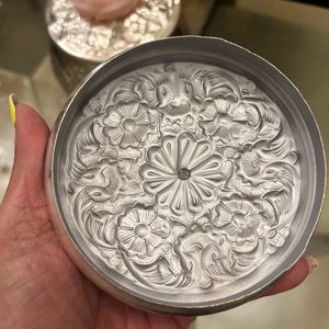 Silver Container With Lid And Pink Roses