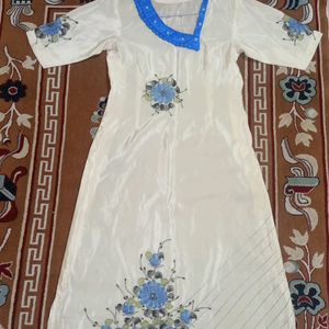 White Kurti With Blue Floral Work