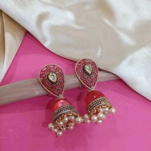 Ethnic Red Golden Pearl Jhumka