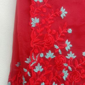 New Red Organza Saree With Unstitched Blouse