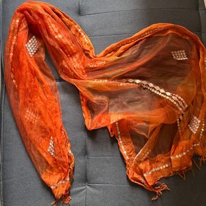 Orange Organza Dupatta with Gold Work And Tassels