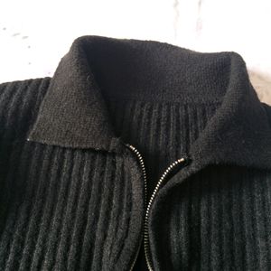 Black Rib-Knit Double Zipper Cardigan