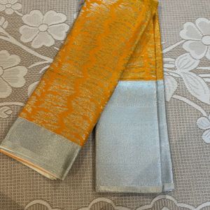 Semi Copper Silk Saree - Yellow & Silver💛