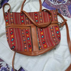 Red Multicolour Traditional Design Sling Bag