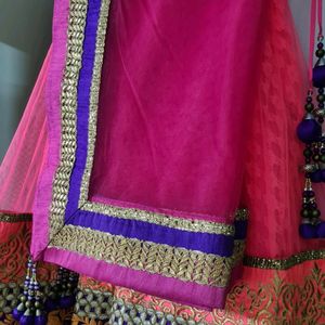 Beautiful Hot Pink Bridal Net Lehenga Chunni