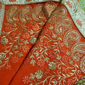 Gorgeous Orange Embroidered Saree With Blouse