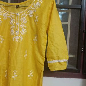 Yellow White Embroidery KURTI