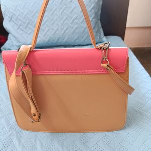 Coral Pink And Beige Handbag