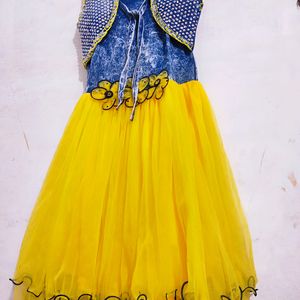 yellow denim frock with soft net material