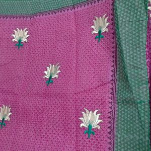 Pink With Green Border Embroidered Saree