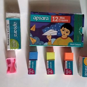 Apsara 3 Small Eraser 1 Big Eraser 2 Big Sharpner 1small Sharpner 1pkd Crayons