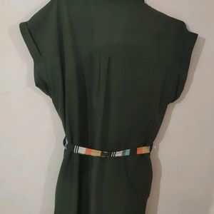 Olive Green Shirt Type Dress With A Belt