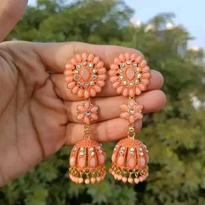 Peach Alloy Beads Jhumkas Earrings For Women