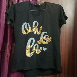 Black Casual Tshirt for Women with Golden Work