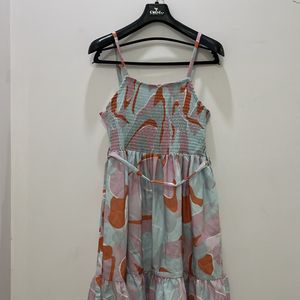 Printed Shirred Strappy A-Line Dress