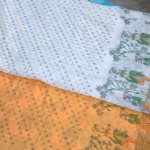 White Orange Cotton Saree