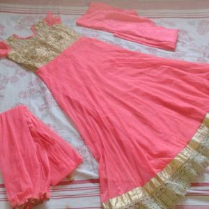 Radium Pink Gold Designer Anarkali Net Dress Set