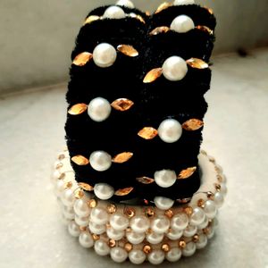 Black Velvet White Pearl Trending Bangles Set Of 5