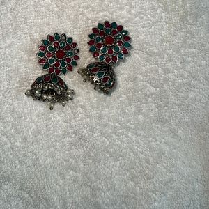 Oxidised Silver Earrings With Pink And Green Stone