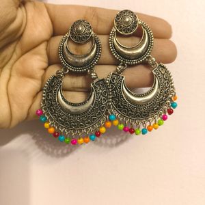 Silver Oxidised Earings With Multicolored Beads