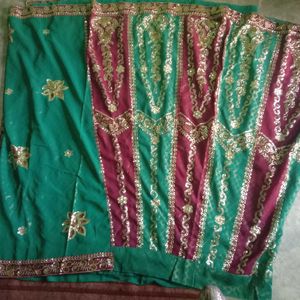 Green Lengha Type Saree With Purple Embroidery