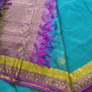 Teal With Purple Pure Silk Saree