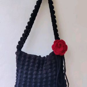 Crochet Black Popcorn With Rose Bag