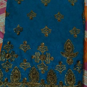 Peacock Blue Georgette Saree With Stitched Blouse