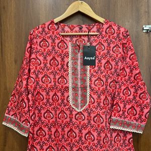 Red Floral Cotton Kurta For Women