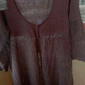 Korean Styled Semi Woollen Brown Mesh Shrug