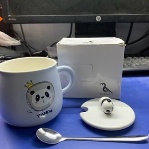 Ceramic Panda Mug & Lid And Stainless Steel Spoon