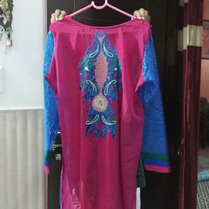 Beautiful Embroidery Work Net Kurta With Inner (38 Bust) Length- 49 Inches- Front & Back Both Side Embroidery Work