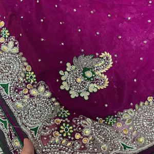 Purple Embroidery Sari With Blouse And Petticoat